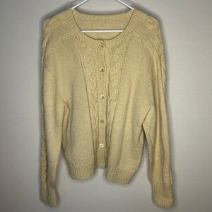 Cream Cable Knit Wool Button Front Cardigan Sweater Women XL Grandmacore Winter